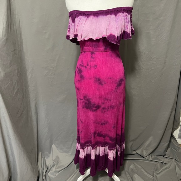 Steve Madden Dresses & Skirts - Steve Madden Purple Tie Dye Maxi Dress Off Shoulder Ombre Ruffle Size‎ Small